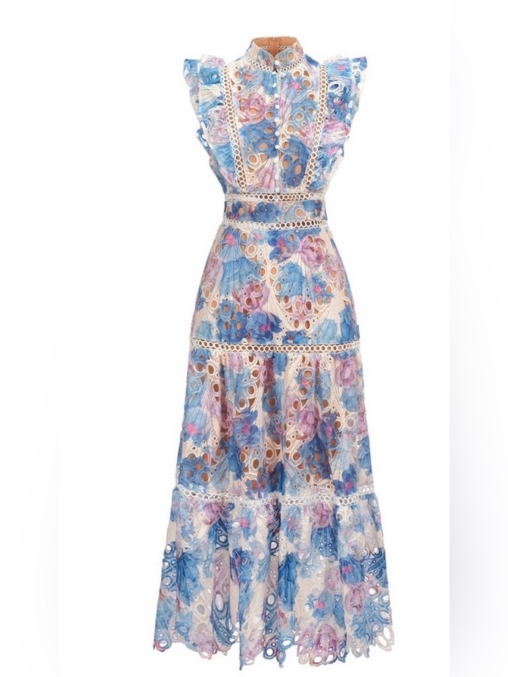 Dalia Macphee Blue and Pink Floral Lace Maxi Dress